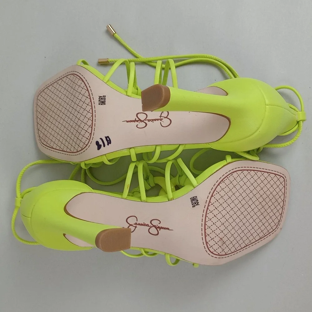 Jessica Simpson Womens 6 Neon Yellow Lace Up Strappy Chain Heel Achaia Sandals